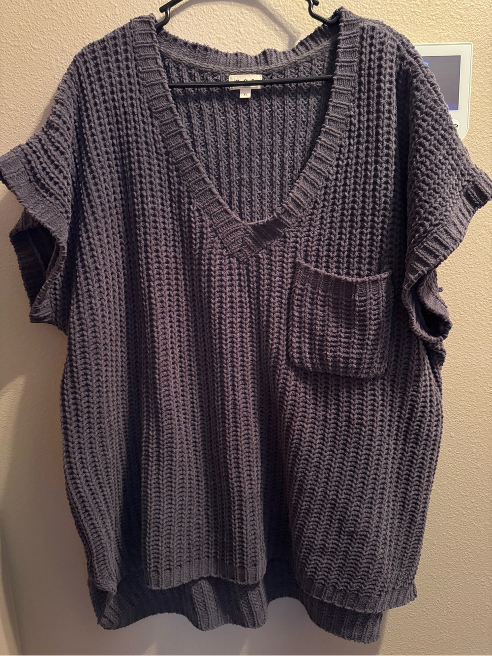 POL V-Neck Waffle Knit Pocket Sweater - Charcoal